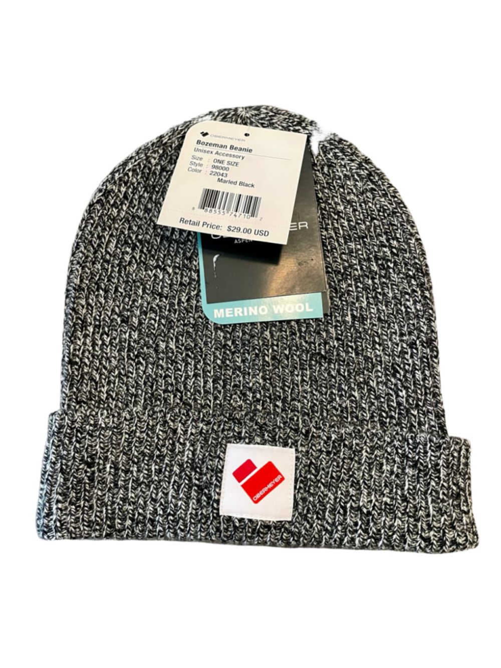 Obermeyer Bozeman Beanie 100% Merino Wool Marled Black Unisex NWT $29